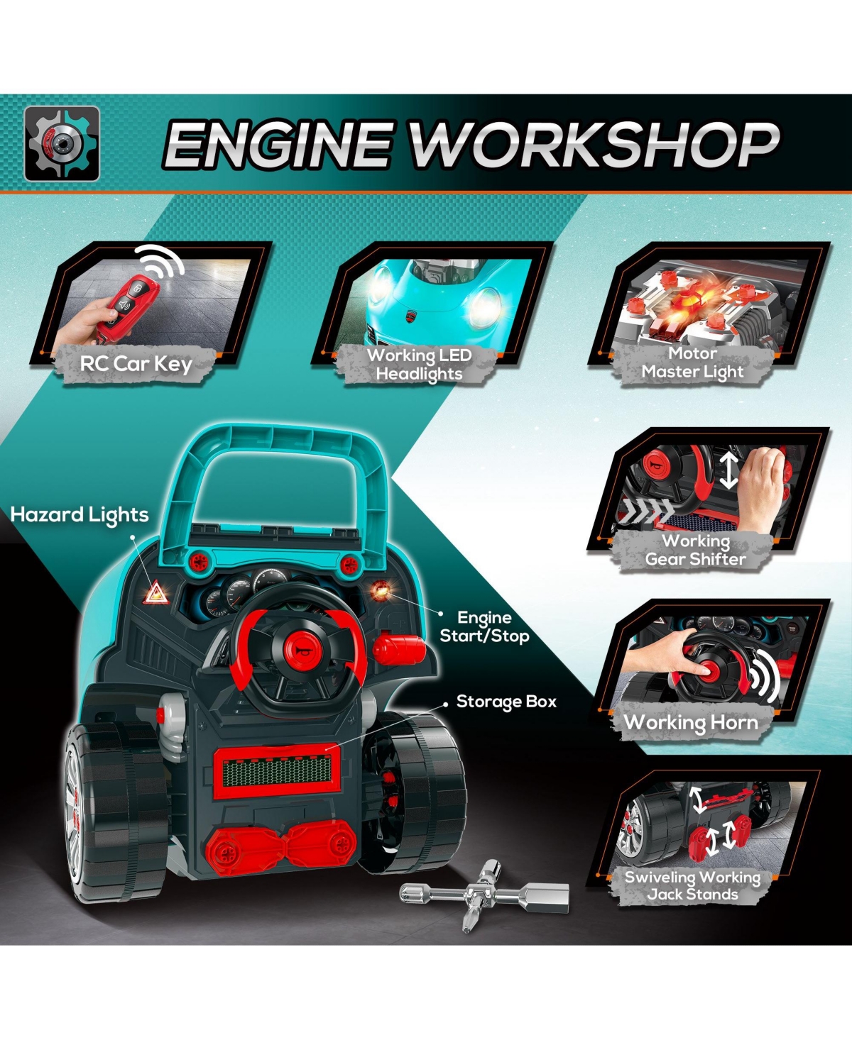 Qaba Mechanic Kids Truck Engine Toy Set, Car Service Play Set