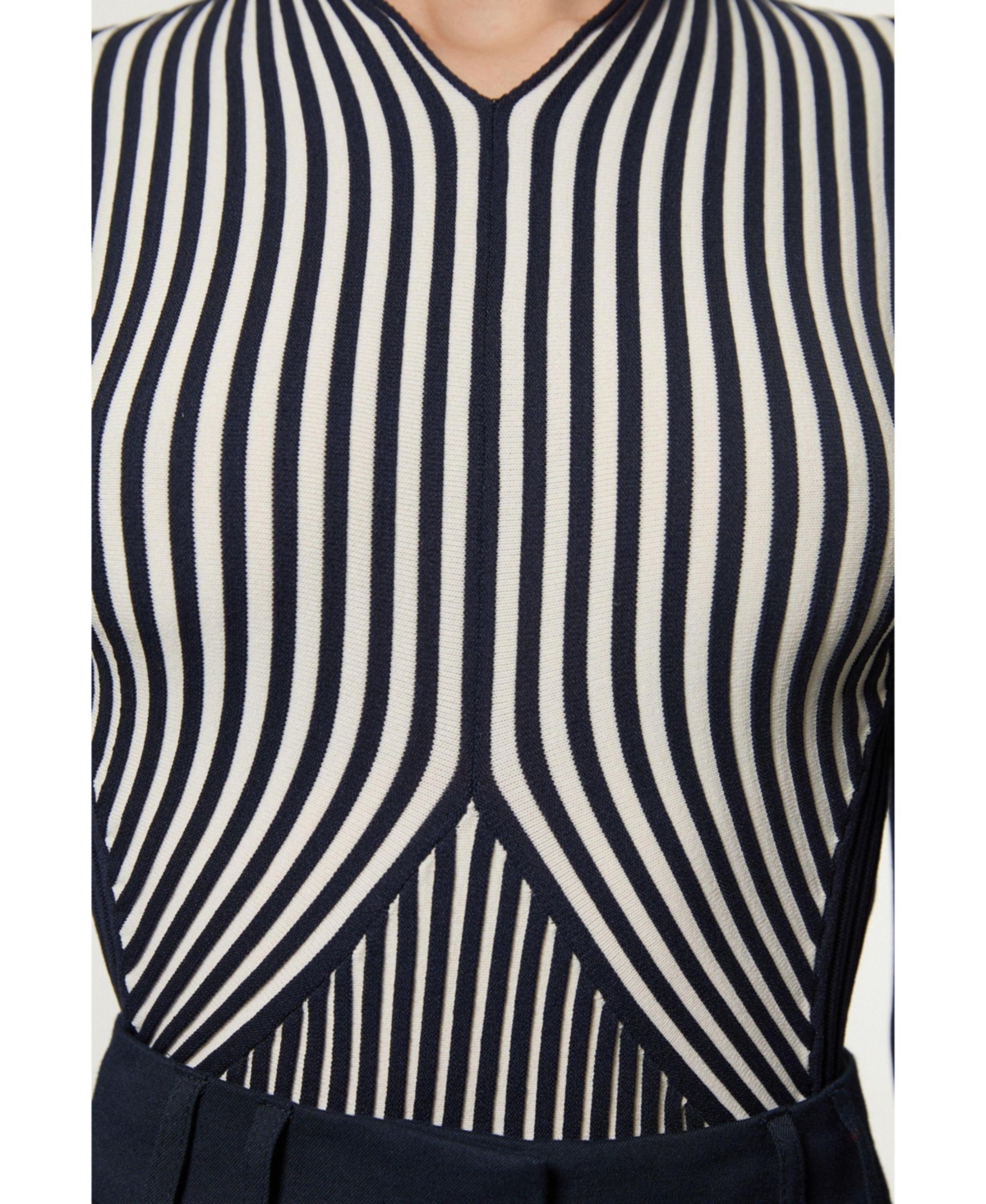 Karen Millen Women's Stripe Fitted Long Sleeve Knitted Top