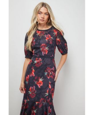 Women's Floral Stud Trim Puff Sleeve Midi Dress