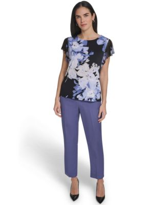 Women's Mixed Media Cap-Sleeve Top