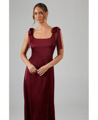 Women's Satin Midi Tie Shoulder Bridesmaid Dress