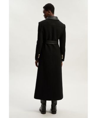 Women's Wool Pu Mix Belted Tailored Maxi Coat