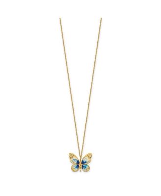 Solid 14k Yellow Gold 18 Inch Italian Blue Enamel Textured Butterfly Necklace