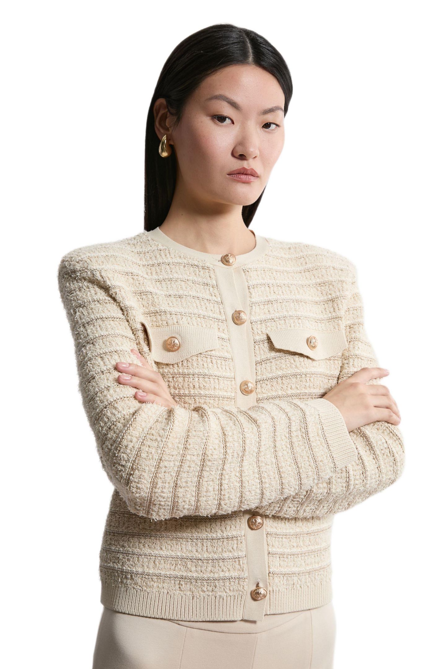 Женская куртка Karen Millen Textured Military Trim Knit, цвет: Кремовый — фото 1