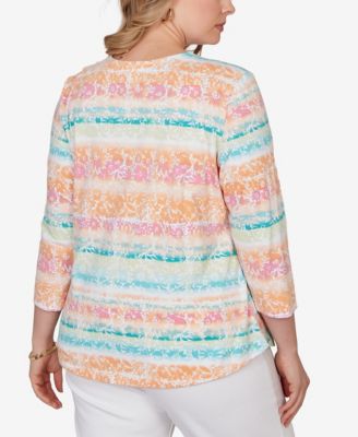 Plus Size Painted Floral Stripe Knit Top