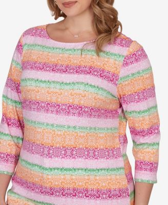 Plus Size Stripe Medallion Boat Neck Knit Top