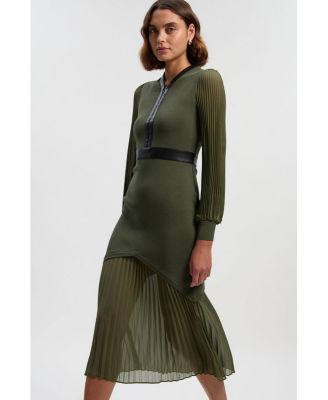 Women's Pu Trim Woven Sleeved Pleated Dress