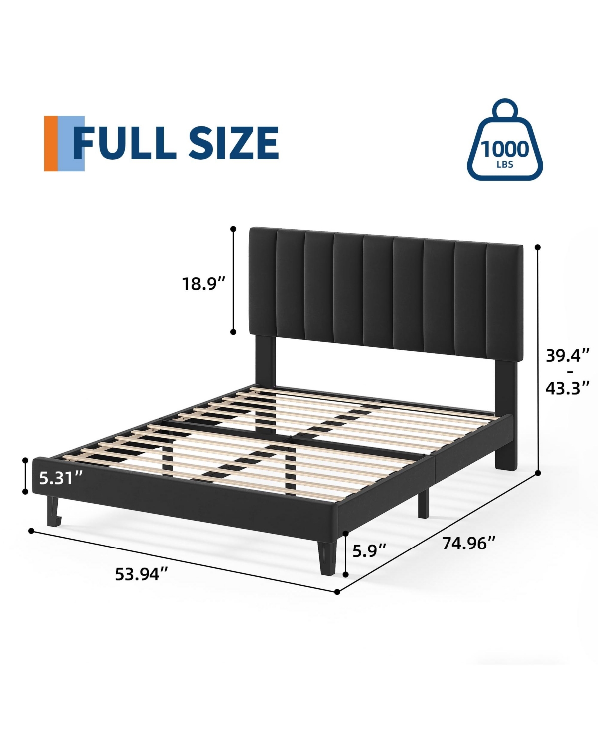 gaomon Bed Frame and Velvet Upholstered Headboard with Adjustable Vertical Channel Tufted Headboard