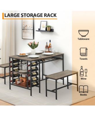 4-Pc. Wood Dining Table Set with Wine Rack and Storage Shelves