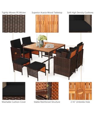 9 PCS Patio Rattan Dining Set Cushioned Chairs Ottoman Wood Table Top