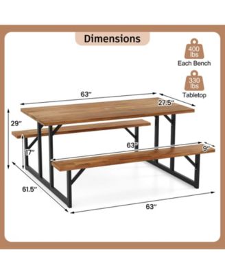 6-Person Acacia Wood Picnic Table with 2 Built-In Benches Umbrella Hole Metal Frame