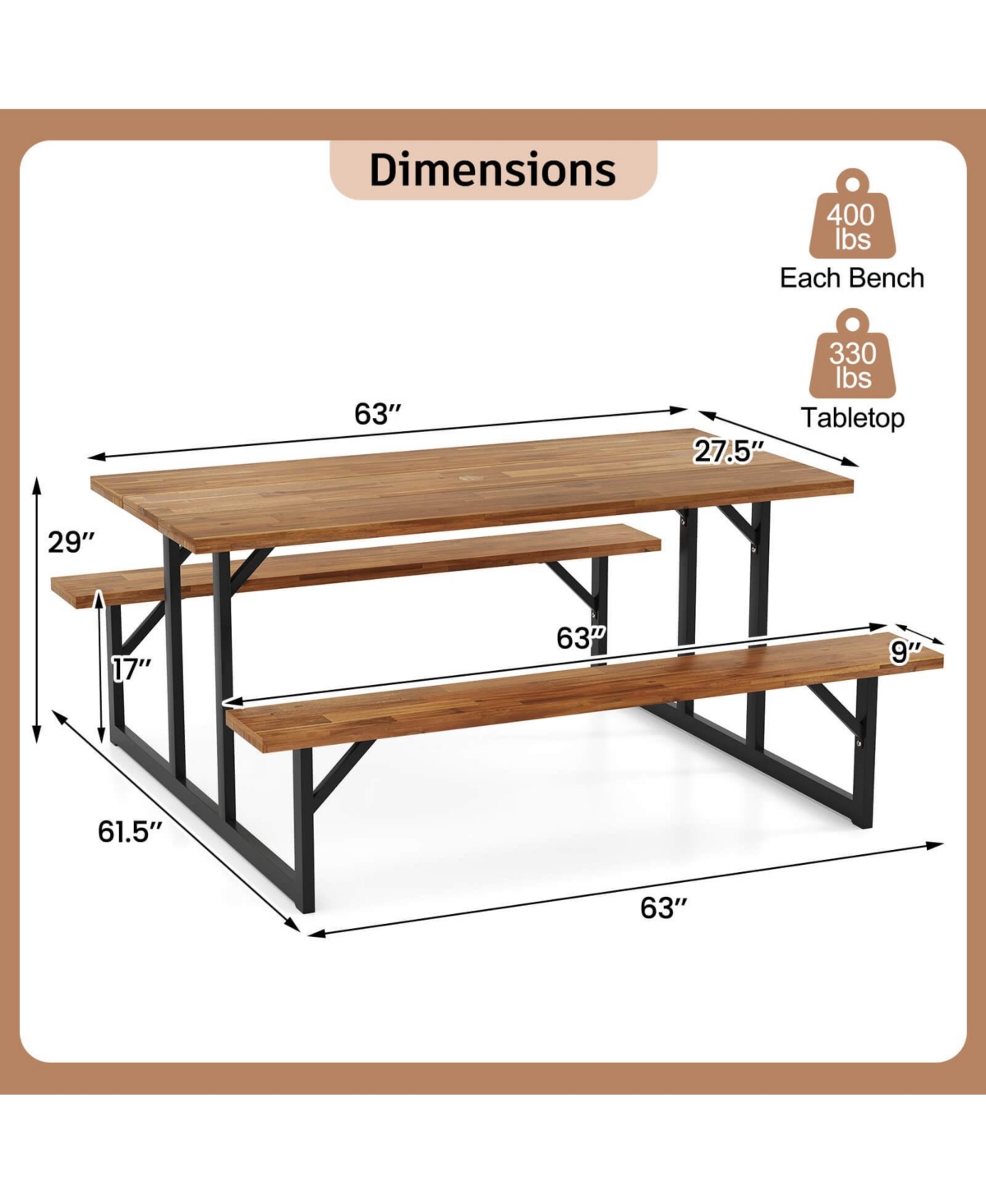 Costway 6-Person Acacia Wood Picnic Table with 2 Built-In Benches Umbrella Hole Metal Frame