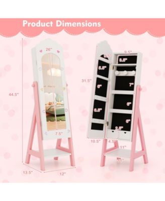 Kids Jewelry Cabinet with Full-Length Mirror, Freestanding Jewelry Armoire Organizer for Girls