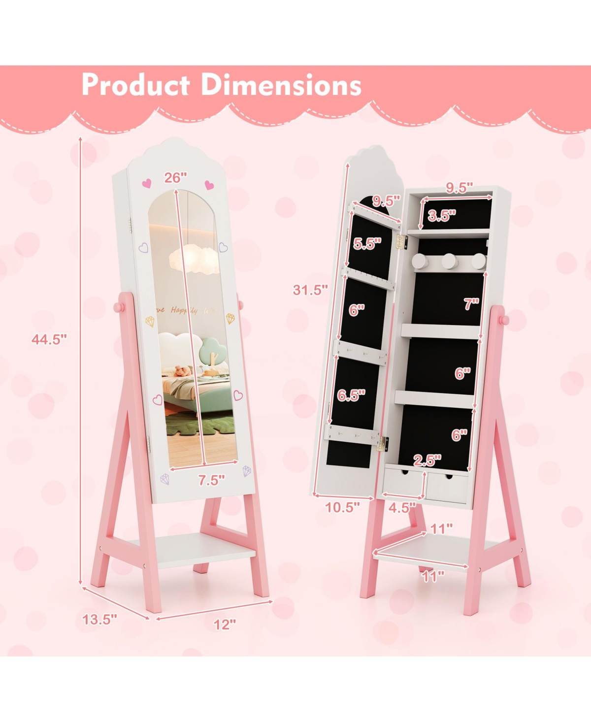 Kids Jewelry Cabinet with Full-Length Mirror, Freestanding Jewelry Armoire Organizer for Girls