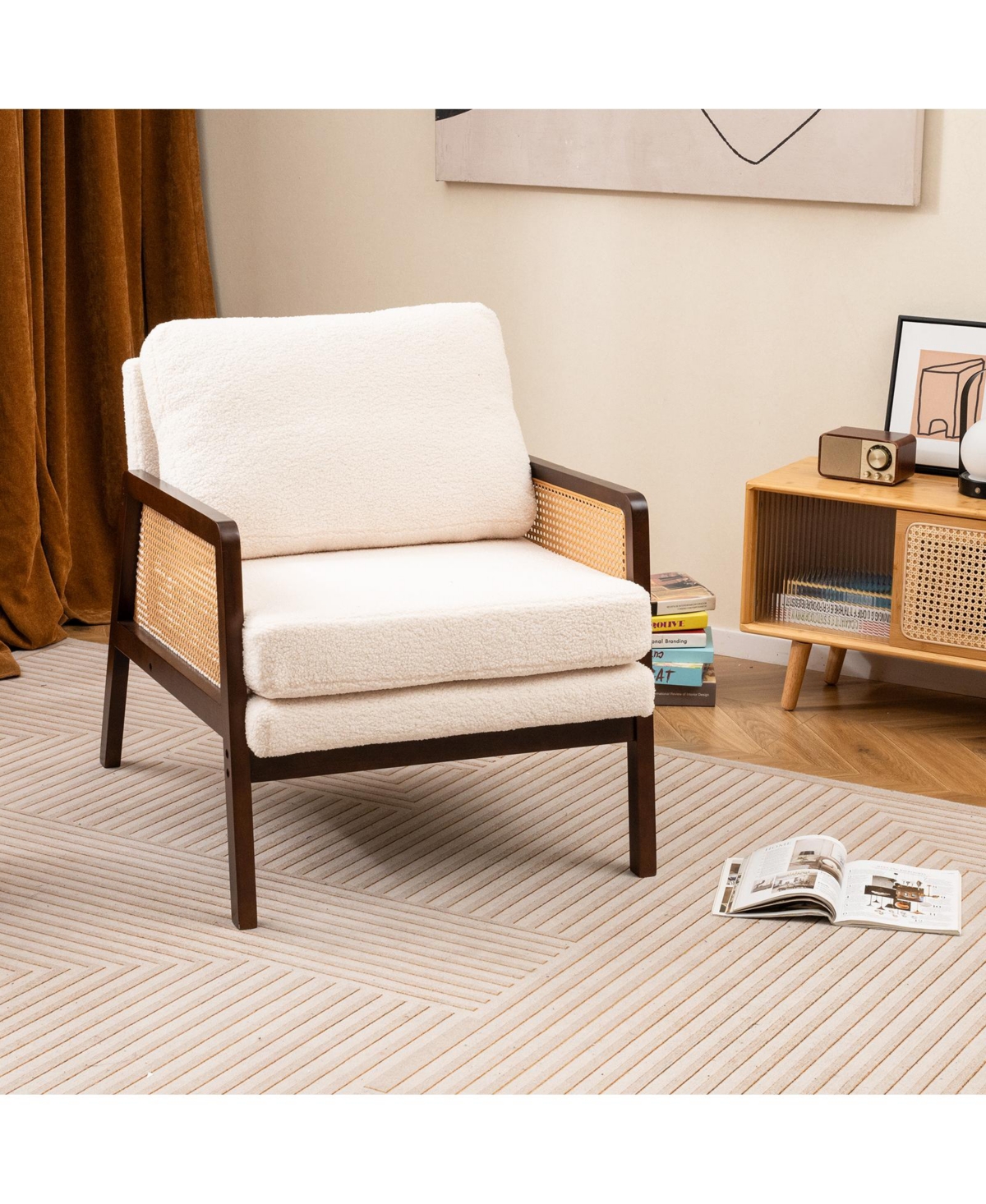 Costway Mid Century Modern Accent Chair Living Room Armchair with Rattan Arms Wooden Frame