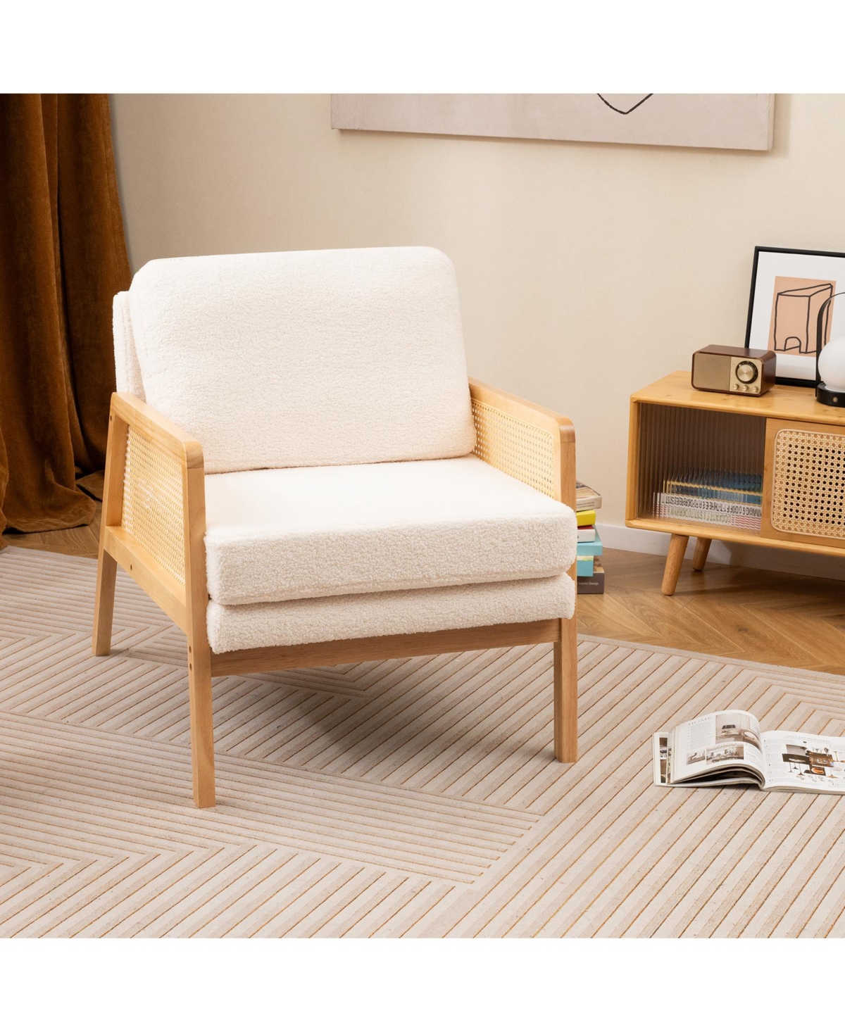 Costway Mid Century Modern Accent Chair Living Room Armchair with Rattan Arms Wooden Frame