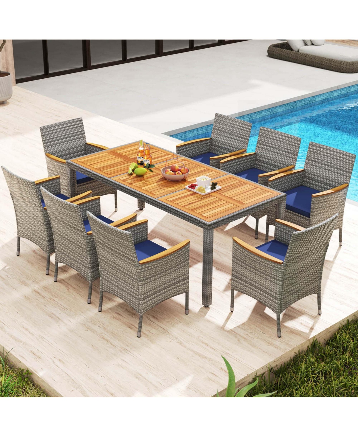 9 Pcs Patio Dining Set for 8 Table and Pe Rattan Chairs with 2" Umbrella Hole