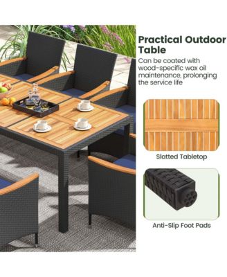 9 PCS Outdoor Dining Set with Acacia Wood Tabletop, Umbrella Hole, Seat Cushions