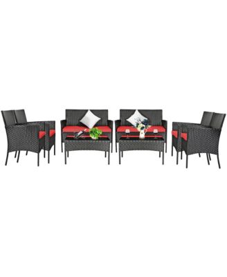 8PCS Patio Rattan Furniture Set Cushioned Sofa Coffee Table Backyard Porch Red