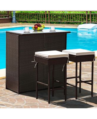 3PCS Patio Rattan Wicker Bar Table Stools Dining Set Cushioned