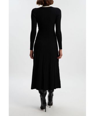 Women's Rib Knit Trim Full Skirt Midi Dress