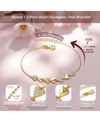 Dainty 14K Gold Plated CZ Pave Heart Stampato Thin Bracelet