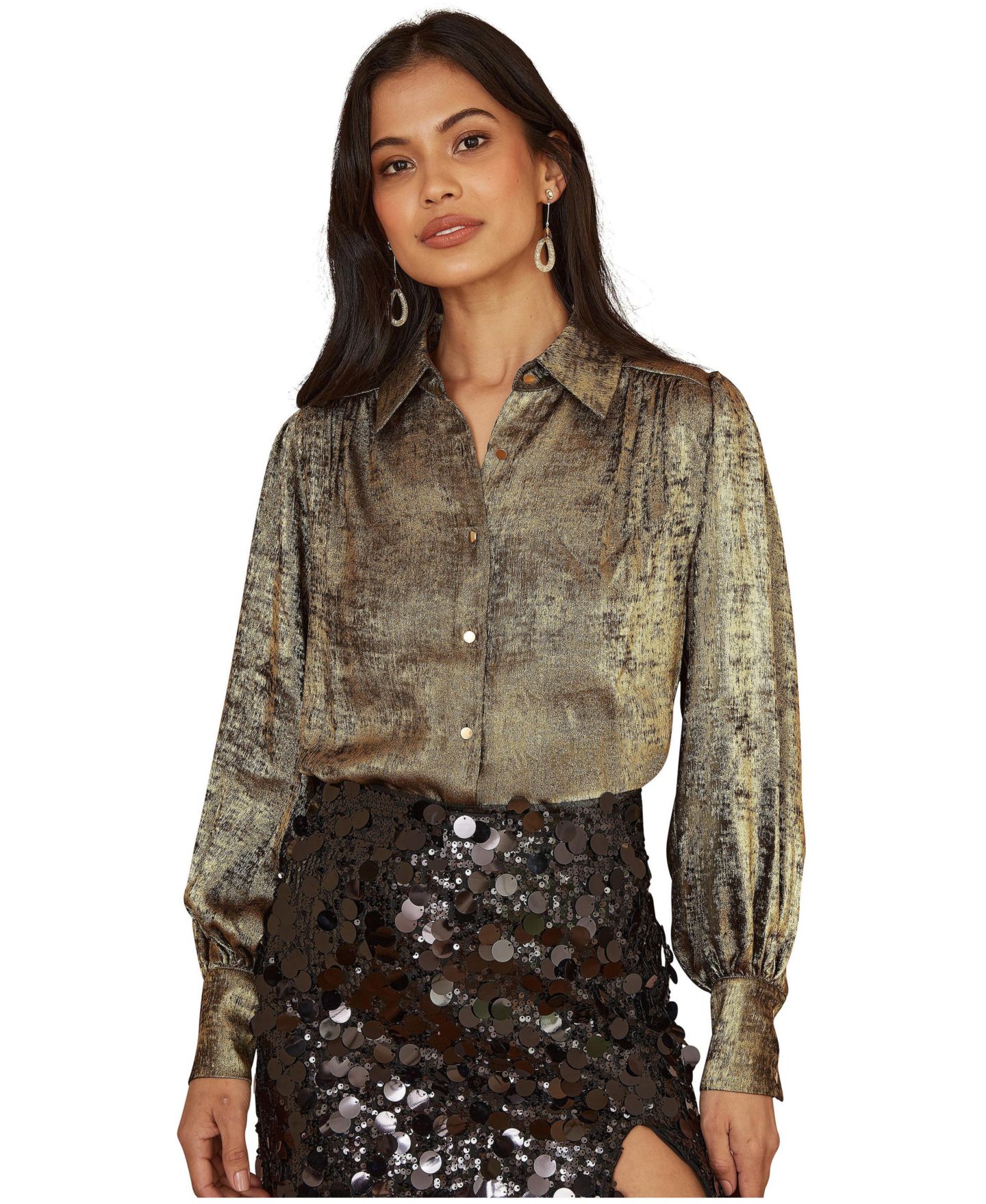 Женская рубашка Yumi Metallic Relaxed Balloon Sleeve, цвет: Золотой — фото 6