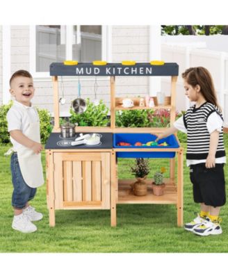 Outdoor Mud Kids Kitchen Playset with Wooden Design and Included Kitchenware for Pretend Play