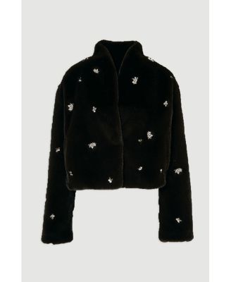 Women's Crystal Embellished Faux Fur Short Coat