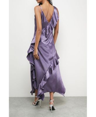 Women's Metallic Satin Ruffle Midi Slip Dress