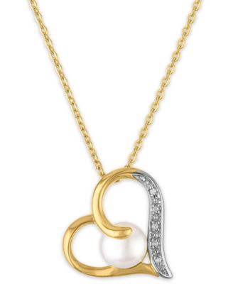 Cultured Freshwater Pearl (7mm) & Diamond Accent Sideways Heart Pendant Necklace in 14k Gold Over Sterling Silver