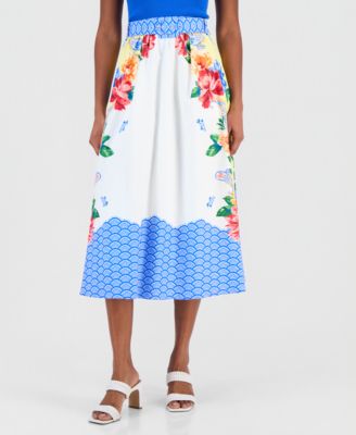 Women's Printed Belted Pull-On Midi Skirt