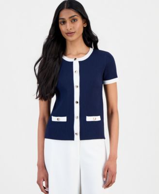 Women's Ribbed Short-Sleeve Cardigan Sweater