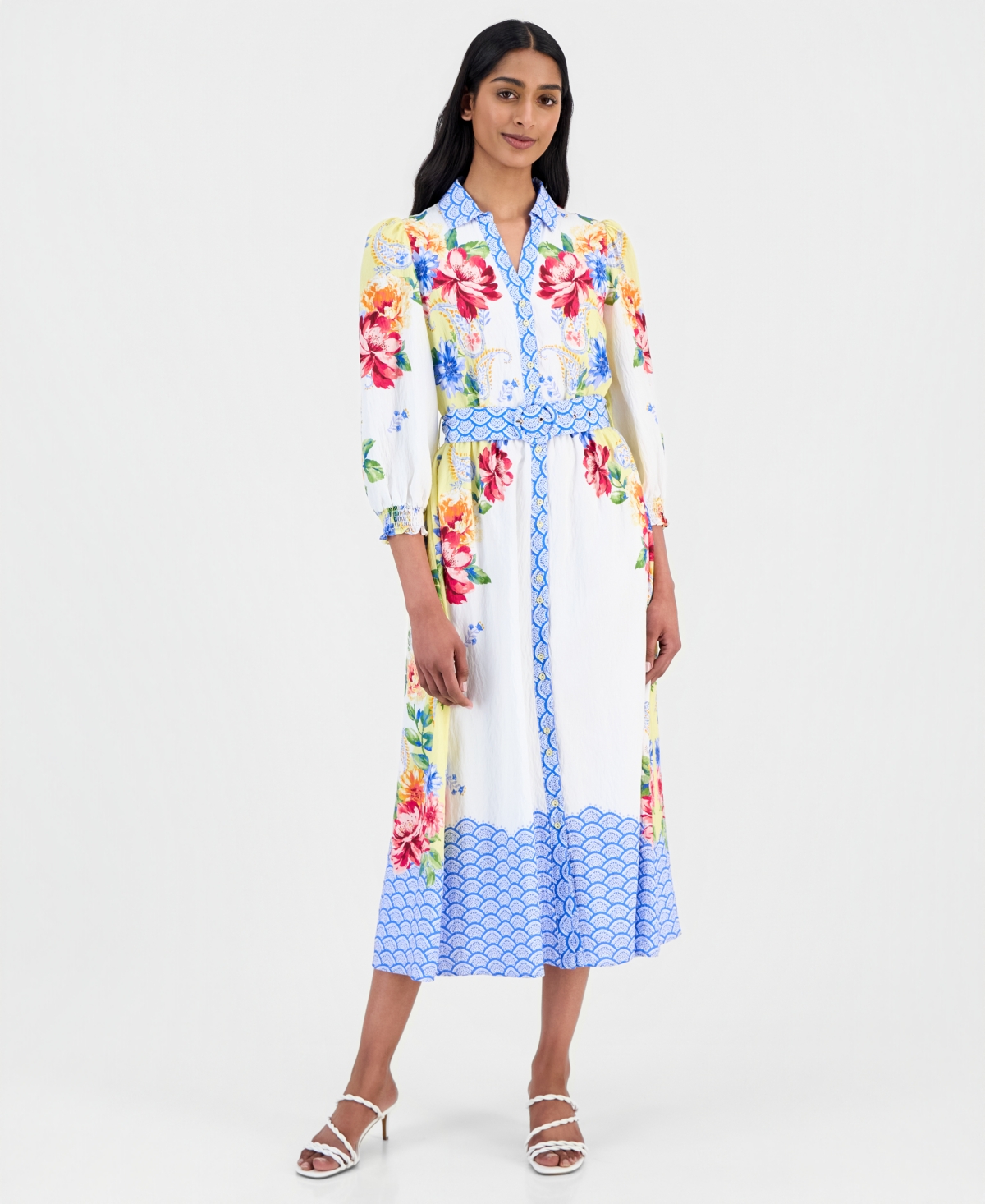 T Tahari Women's Printed 3/4-Sleeve Midi Shirt Dress - Porto Garden