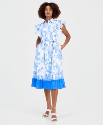 Women's Flutter-Sleeve Ruffled-Hem Shirt Dress