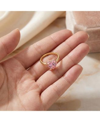 Teens 14k Gold Plated with Pink Cubic Zirconia & Enamel Halo Heart Stacking Ring