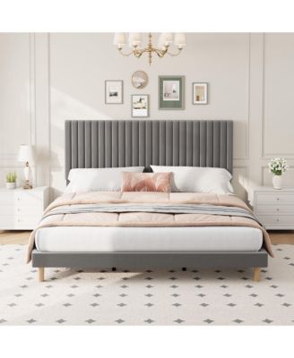 Upholstered Platform Velvet Bed Frame with Headboard,Strong Wooden Slats Support