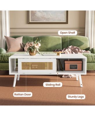 Coffee Table with Storage, Accent Center Table with Sliding PE Rattan Woven Door Panel and Wood Legs