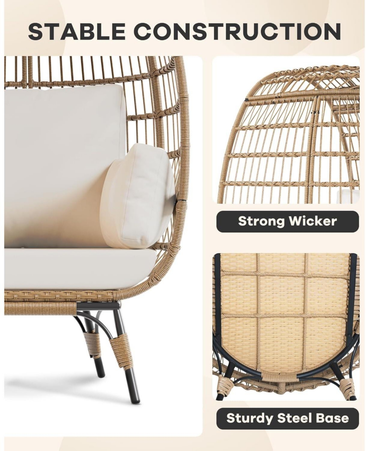 gaomon Oversized Rattan Egg Chair, Indoor/Outdoor Wicker Egg Basket Lounge with Steel Frame & 4 Cushions