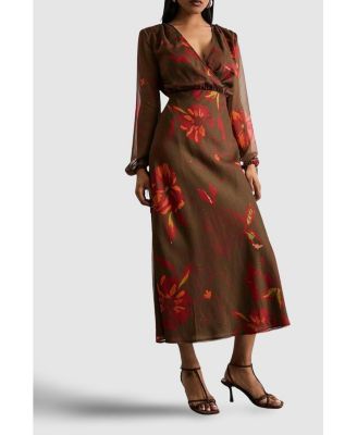Women's Printed V Neck Tie Detail Midi Dress