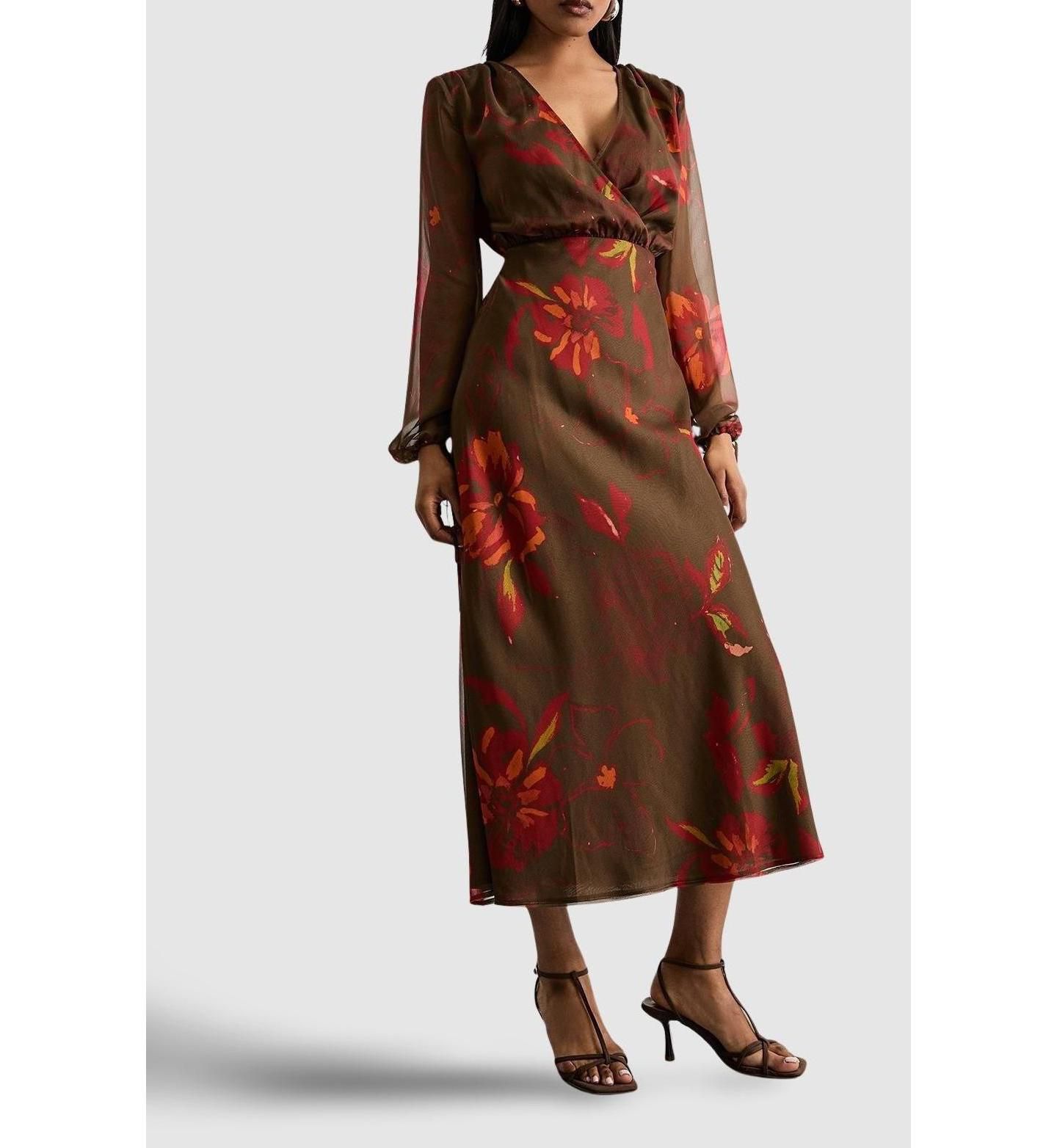 Женское платье Warehouse Printed V Neck Tie Detail Midi, цвет: Коричневый — фото 3