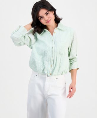 Petite Smocked Collar Bubble-Hem Striped Collared Shirt