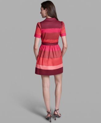 Women's Short-Sleeve Wide Lapel Cotton Stripe Mini Shirt Dress