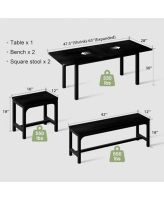 5-Piece Extendable Dining Table Set for 4-8 People, 63 Inch Kitchen Table with 2 Benches & 2 Stools