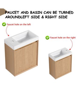 Wall Mounted Bathroom Vanity with Resin Sink, Modern 3D Stripe Door & Soft Close, 18.5" Natural Small Space Storage Cabinet