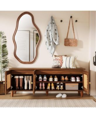 Shoe Storage Bench - Rattan Shoe Cabinet with Lift Top and 3 Doors Design for Entryway, Living Room