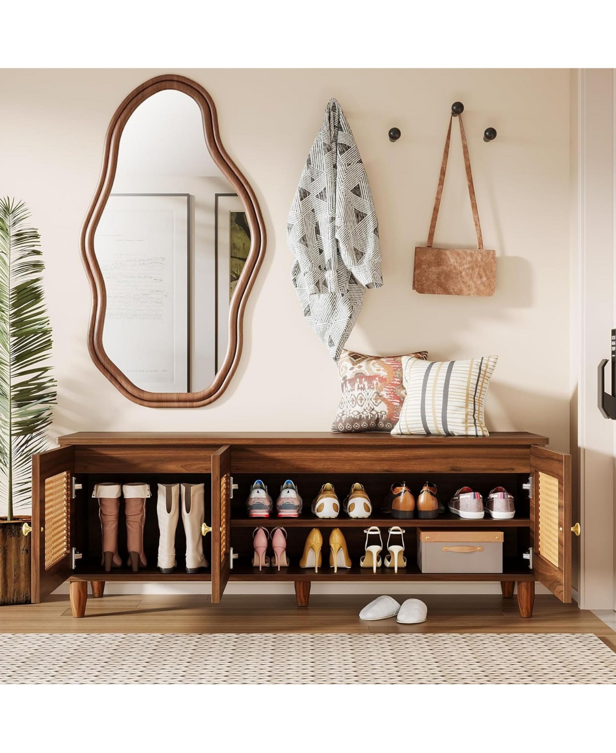 Rainsken Shoe Storage Bench - Rattan Shoe Cabinet with Lift Top and 3 Doors Design for Entryway, Living Room