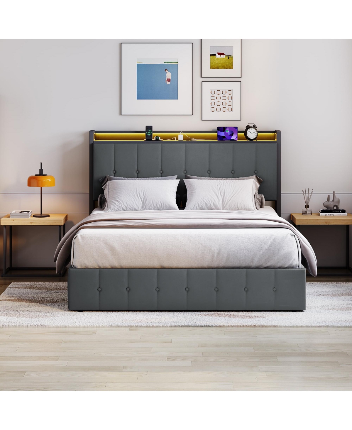 gaomon Lift Up Bed Frame with Charging Station & Led Lights,Upholstered Bed with Storage Headboard