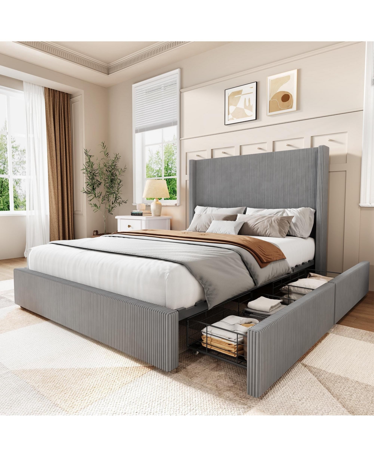 gaomon Corduroy Wingback Upholstered Platform Bed Frame with Storage Drawers