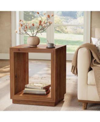 Solid Wood Side Table, Wooden End Table with 2-Tier Storage Shelf, Farmhouse Small Nightstand